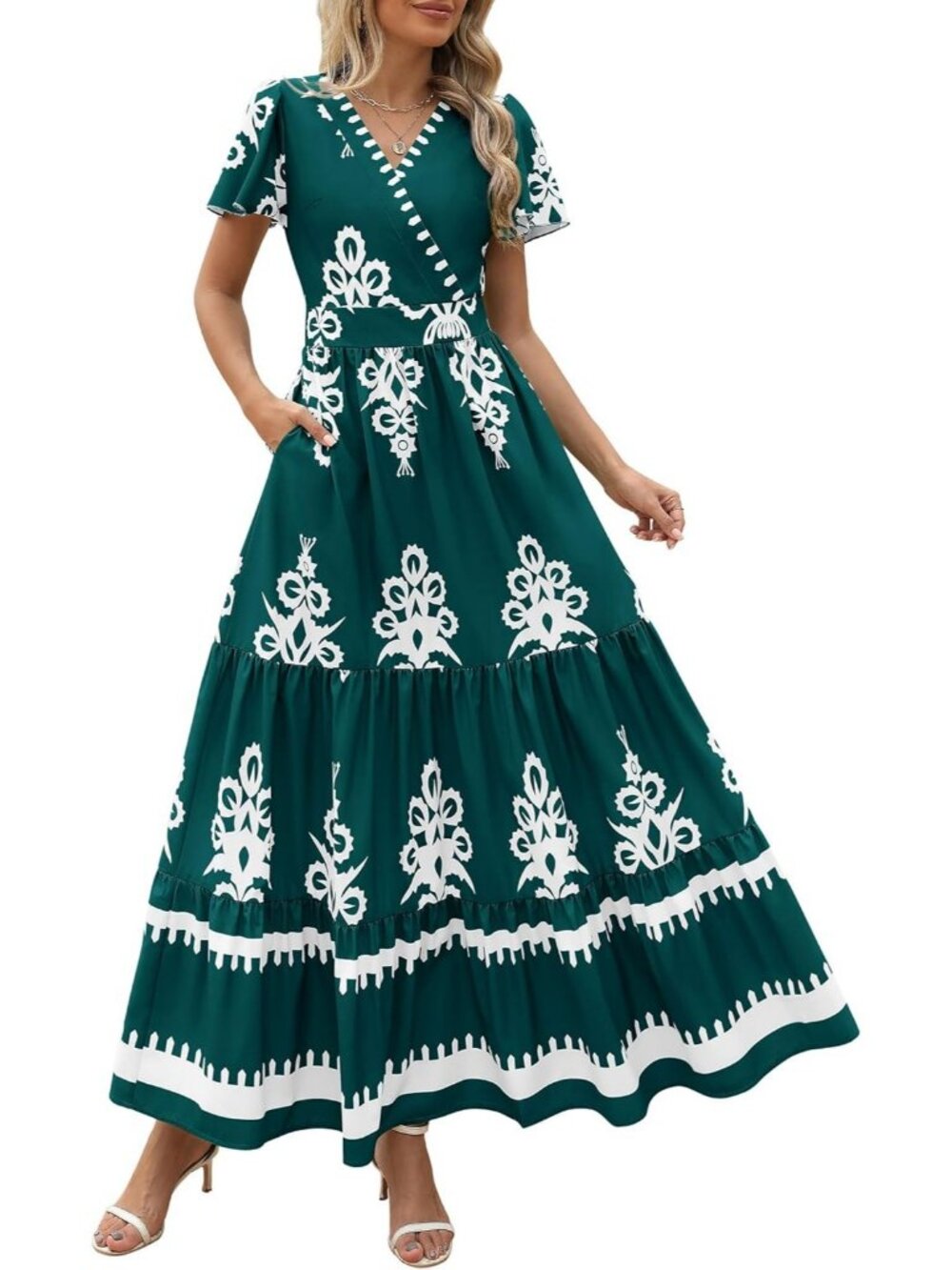 Women's Floral Dark Green Boho Maxi V Neck Bell Sleeve Flowy Dress W/Pockets